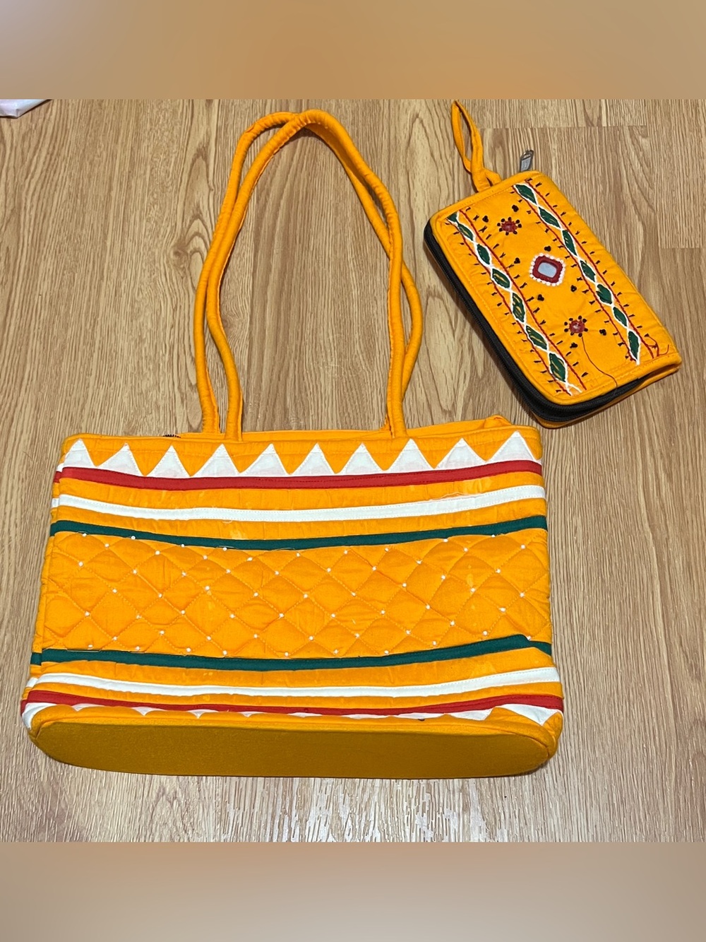 Quilted Fabric Tote Bag And Matching Wristlet Pouch